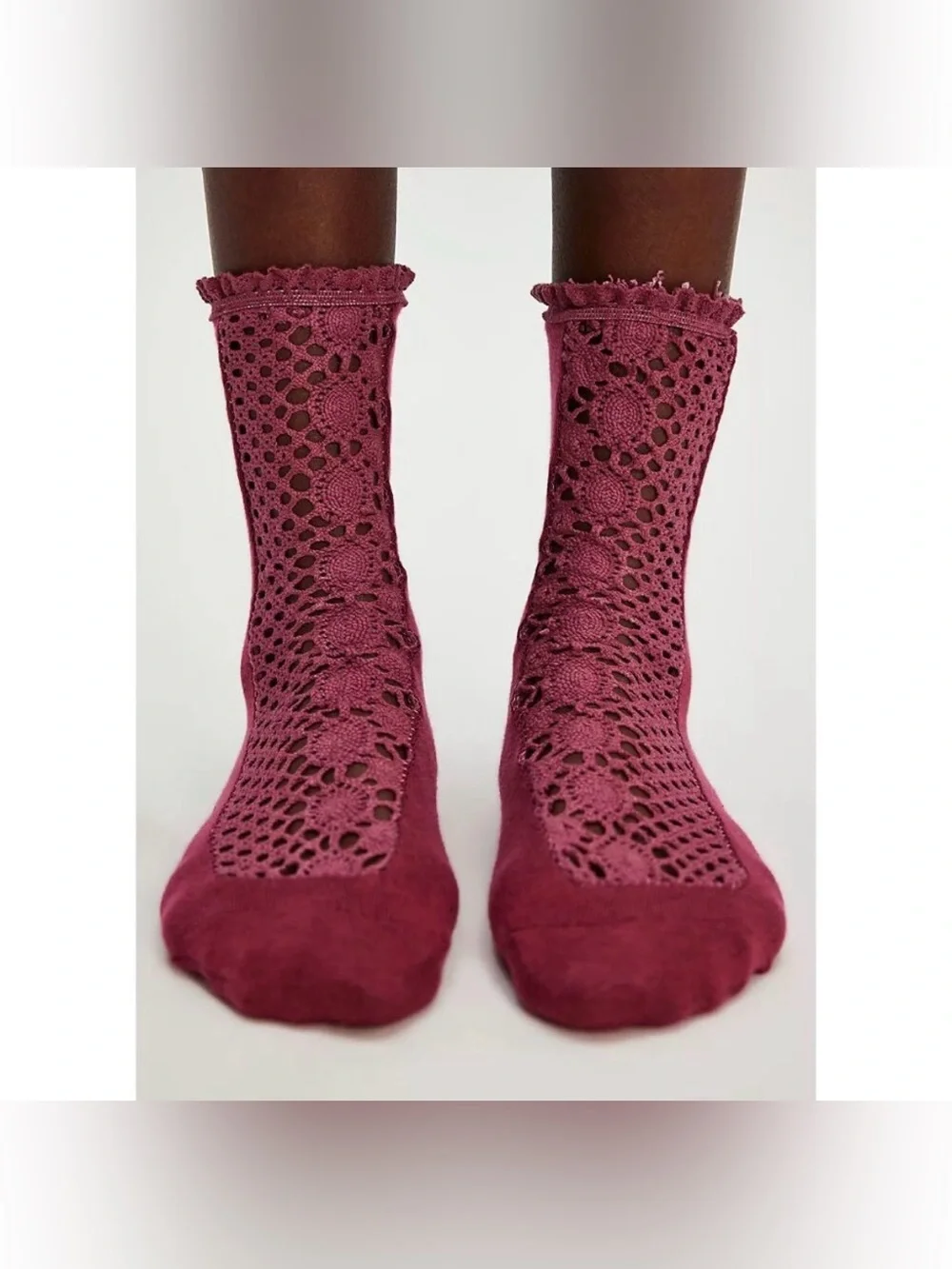 Free People Rubies Crochet Ruffle Socks in Deep Sea Burgundy NWT